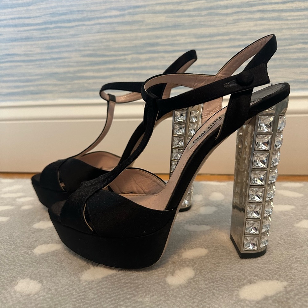 Miu Miu Black Satin Platform Heels with Crystal Accents, 37.5
